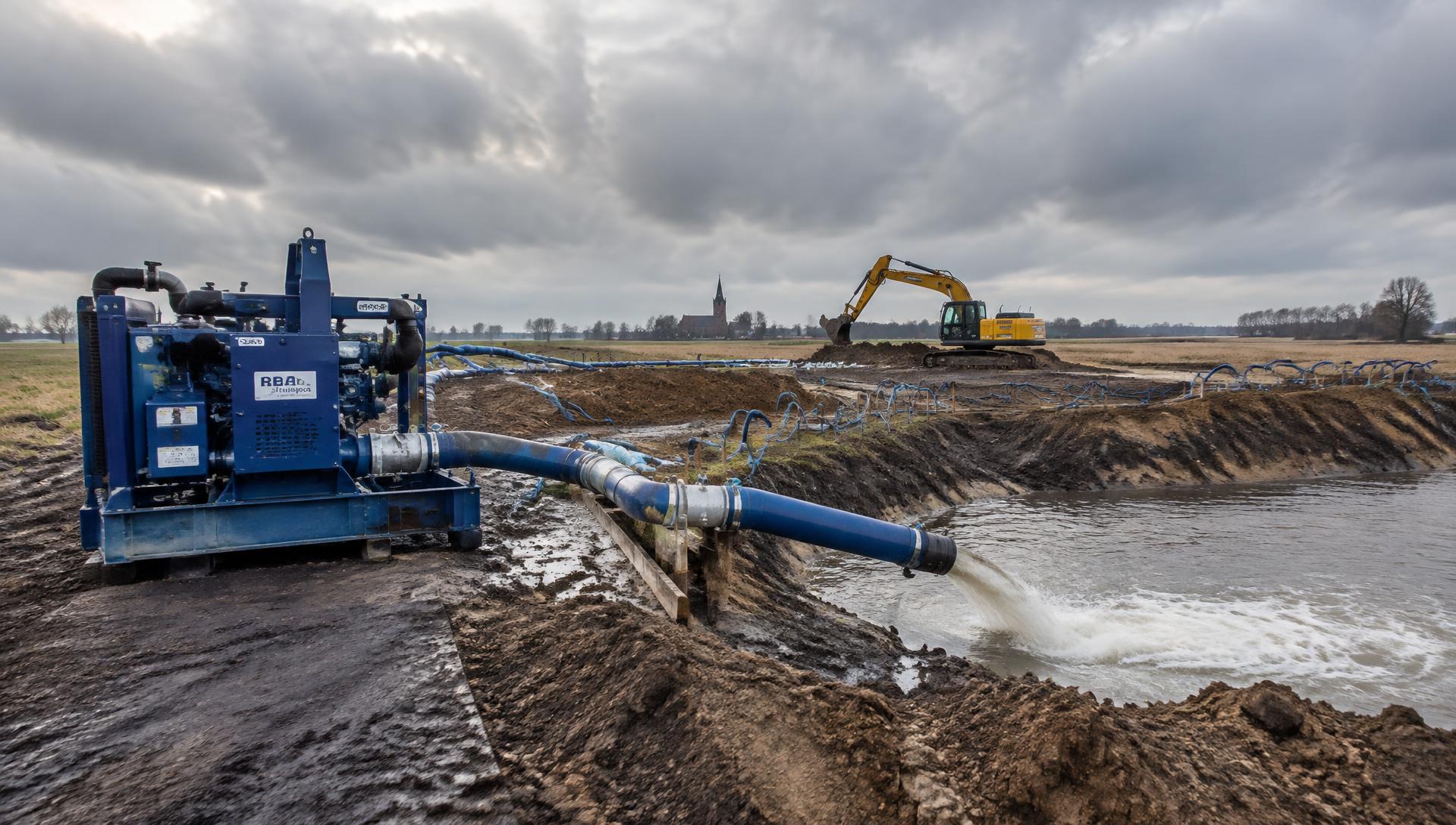 Bronbemaling met pompinstallatie op een bouwplaats in Noord-Nederland
